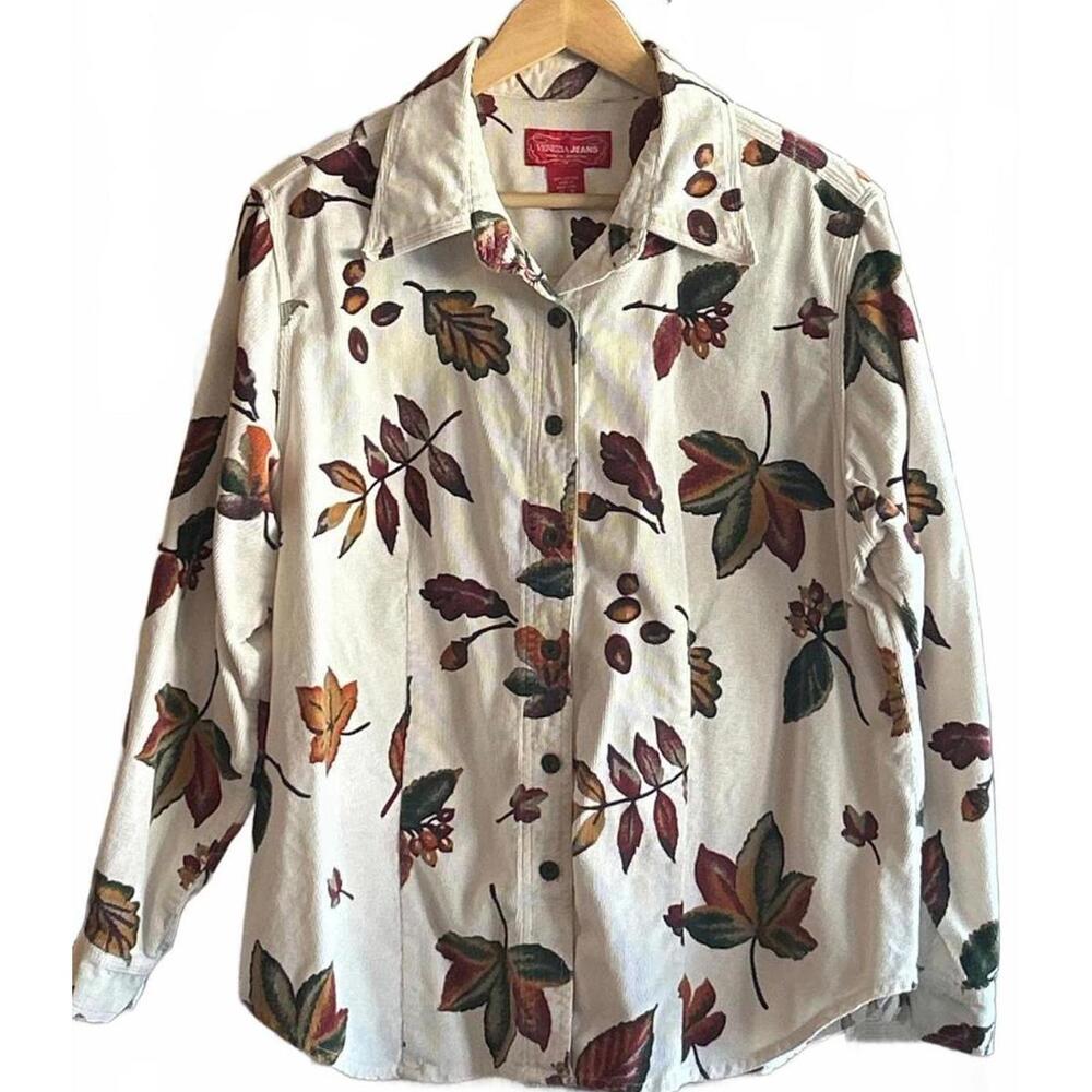 Venezia Womens Top Sz 14/16 Beige Autumn Leaves LS Button Up Corduroy Cottage